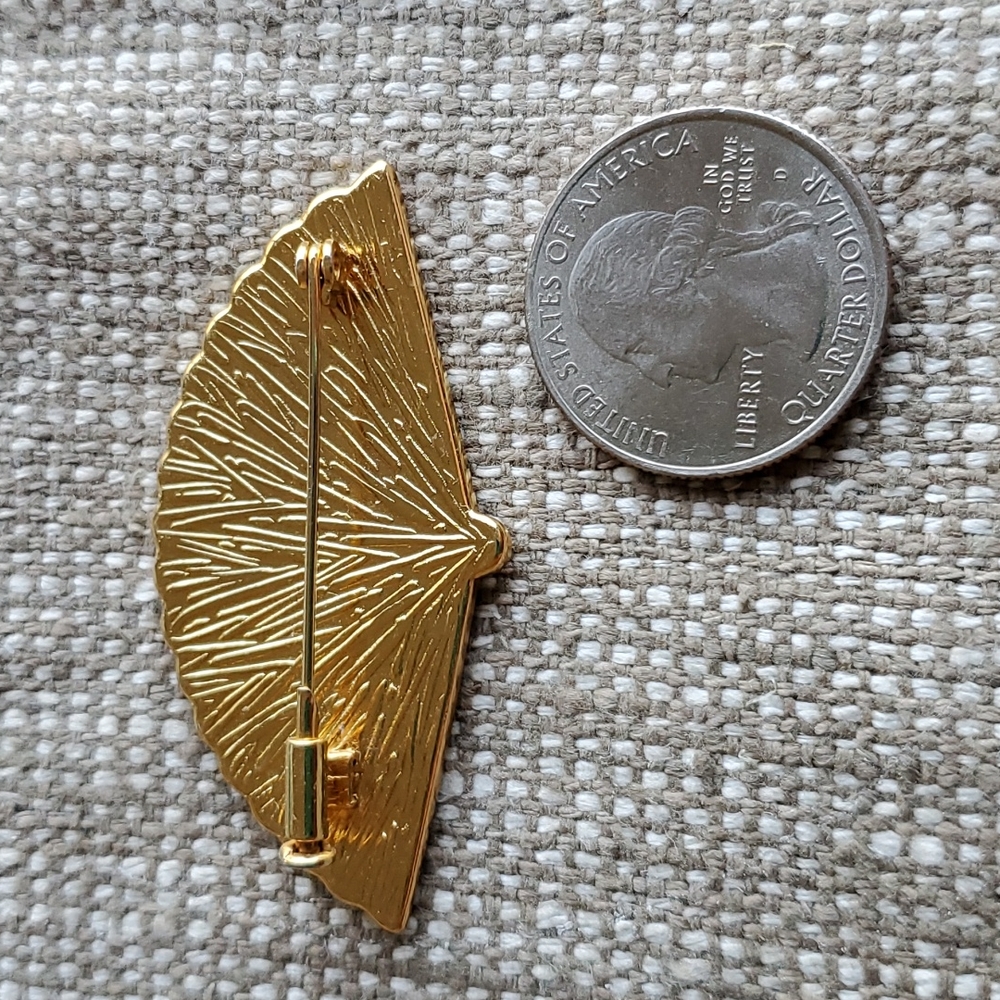 Antique Spanish Damascus 24k gold inlay craft bird fan brooch - Picture 3 of 6